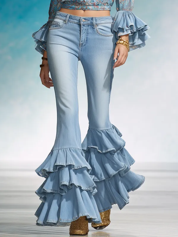 Fashionable Urban Retro Ruffled Flared Jeans sold by Oyrosy