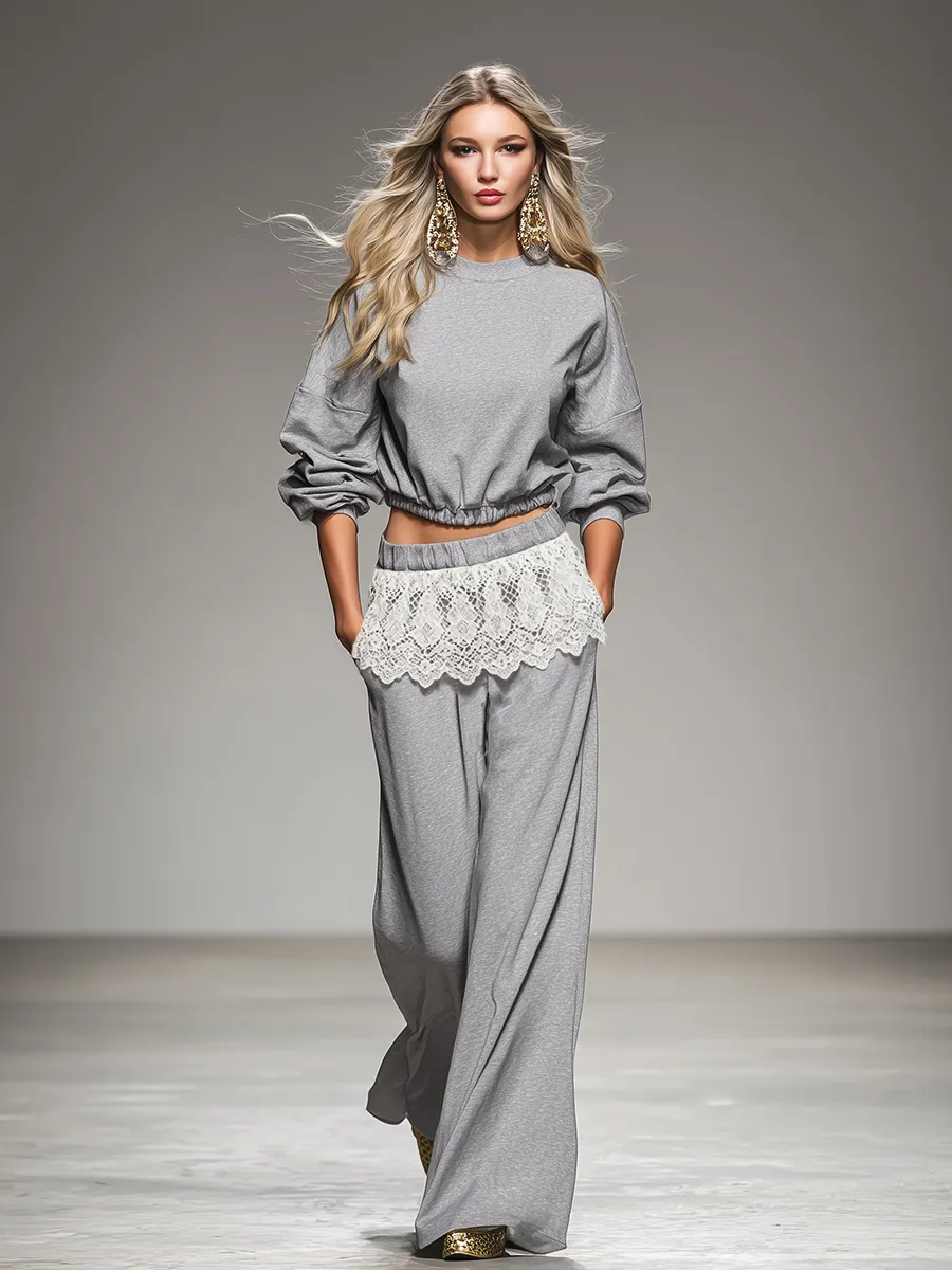 Sporty Retro Sweatshirt And Lace-trimmed Wide-leg Pants Set sold by Oyrosy product image thumbnail 2