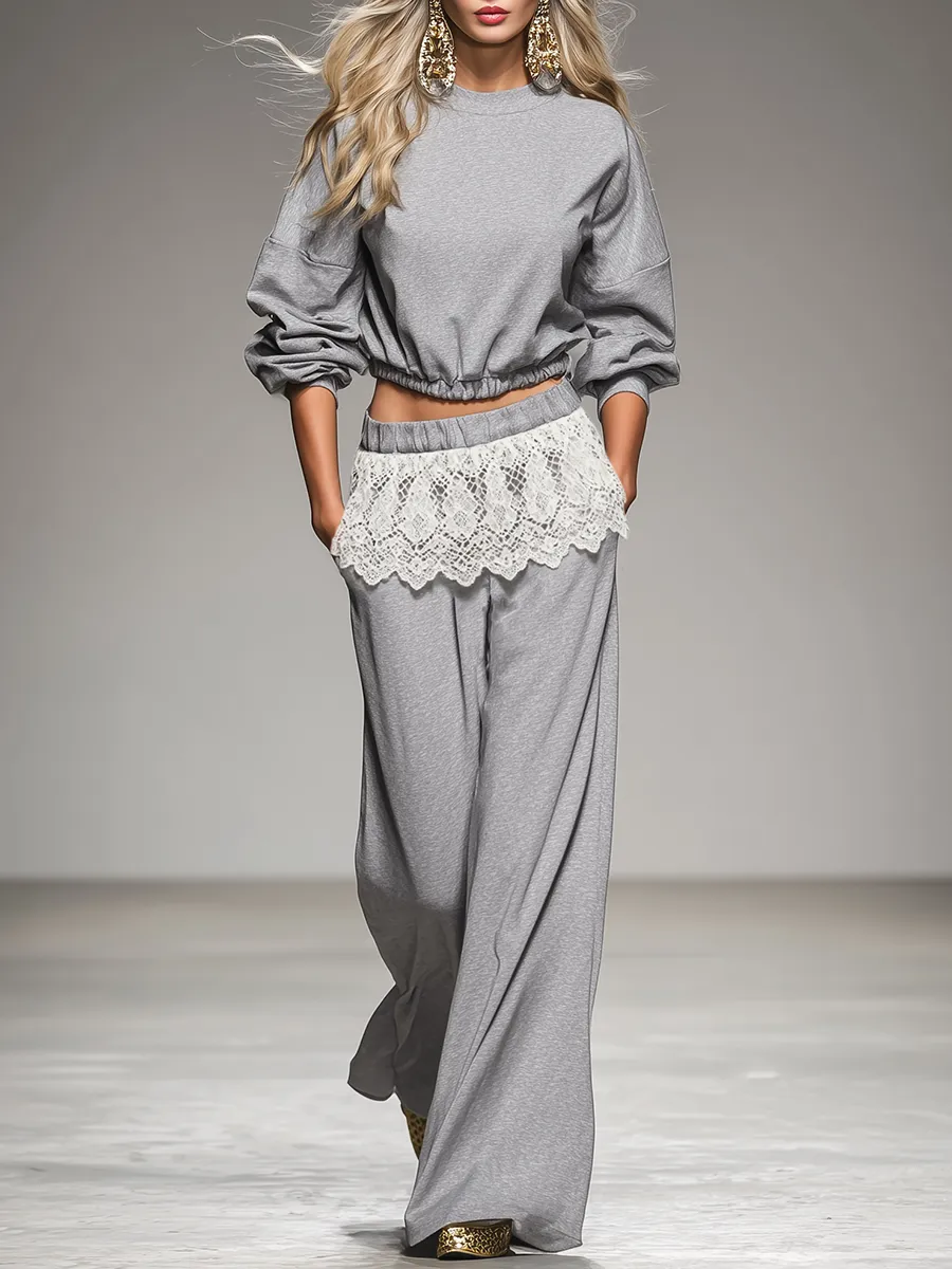 Sporty Retro Sweatshirt And Lace-trimmed Wide-leg Pants Set sold by Oyrosy