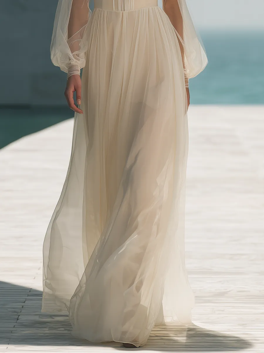 Elegant Round Neck Lantern Sleeve Maxi Dress sold by Oyrosy product image thumbnail 4