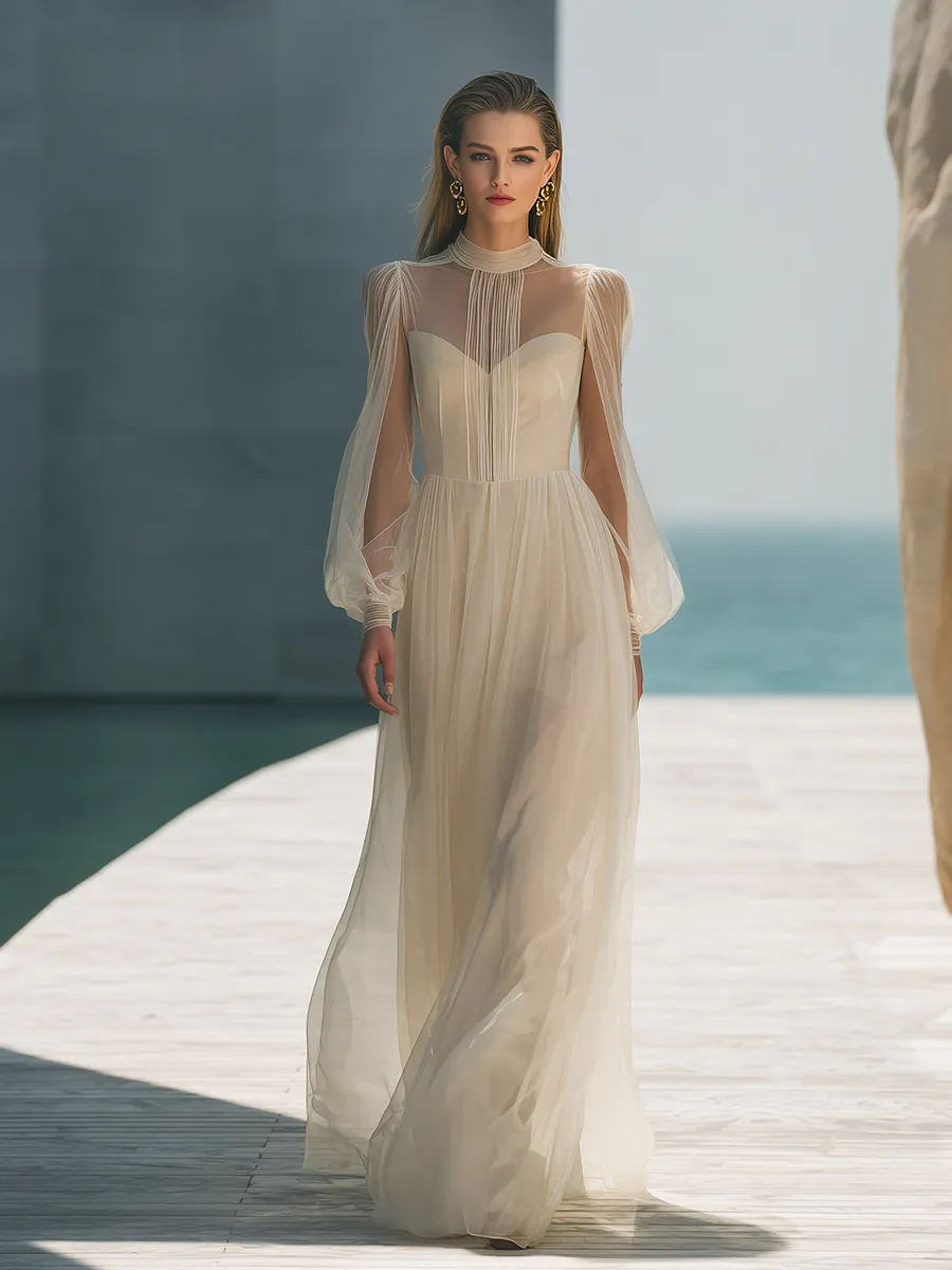 Elegant Round Neck Lantern Sleeve Maxi Dress sold by Oyrosy product image thumbnail 2