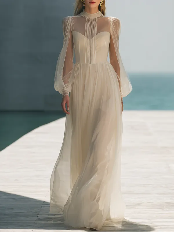 Elegant Round Neck Lantern Sleeve Maxi Dress sold by Oyrosy