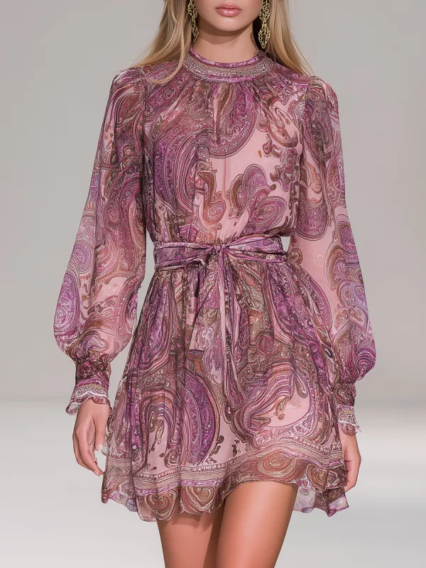 Retro Bohemian Style Paisley Print Chiffon Mini Dress sold by Oyrosy