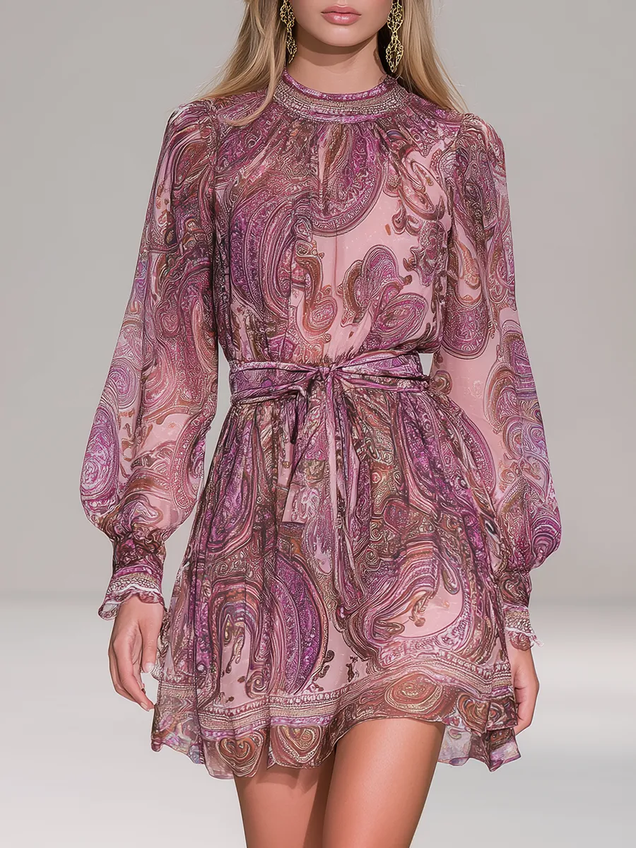 Retro Bohemian Style Paisley Print Chiffon Mini Dress sold by Oyrosy