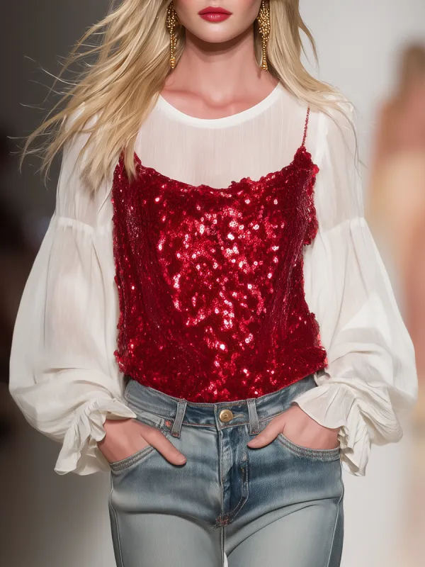 Stylish And Elegant Chiffon Blouse And Sequined Camisole Two-piece Set made by Oyrosy