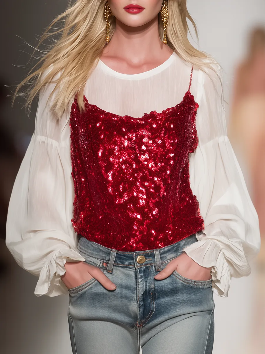 Stylish And Elegant Chiffon Blouse And Sequined Camisole Two-piece Set sold by Oyrosy