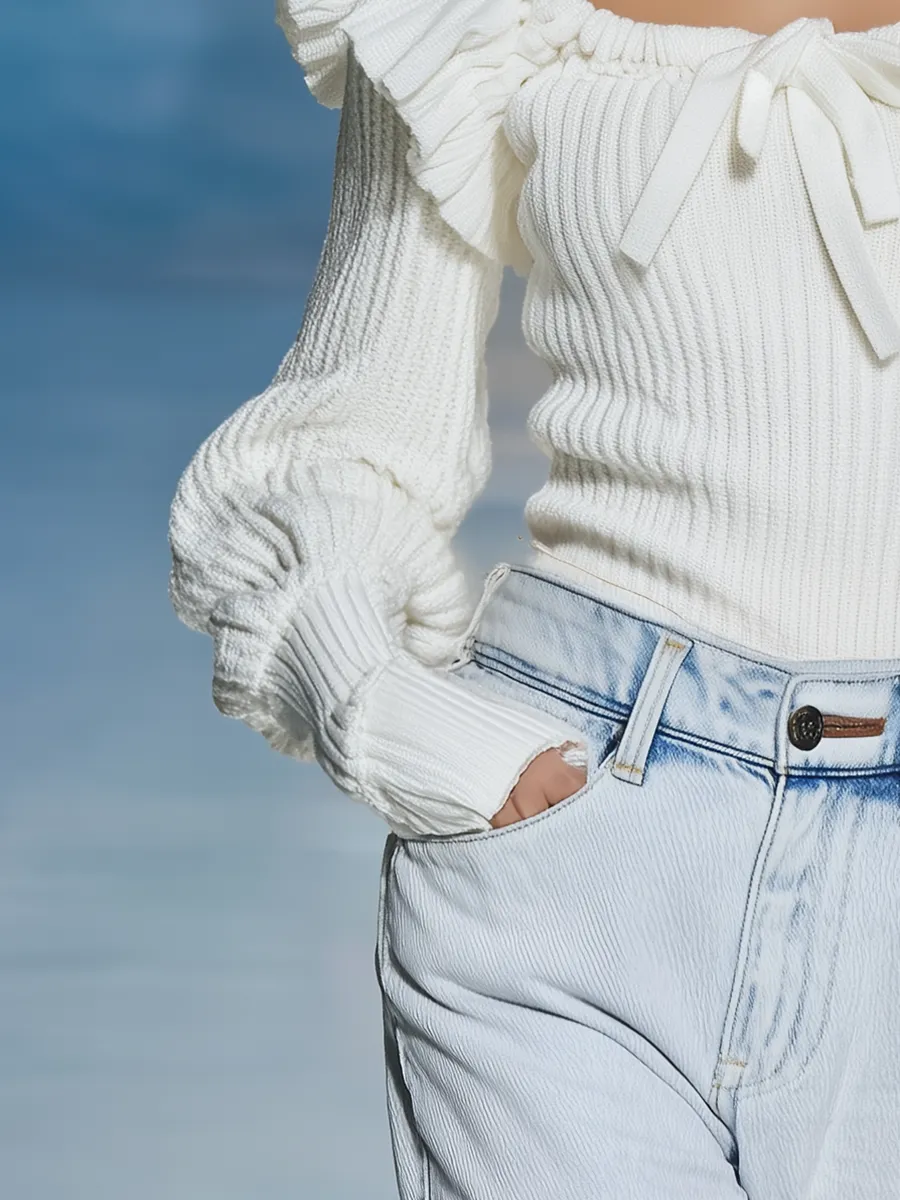 Fashionable Ruffles Square Neck Long-sleeved Sweater sold by Oyrosy product image thumbnail 4