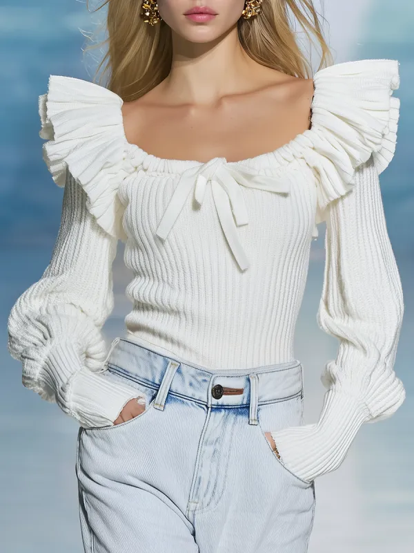 Fashionable Ruffles Square Neck Long-sleeved Sweater sold by Oyrosy