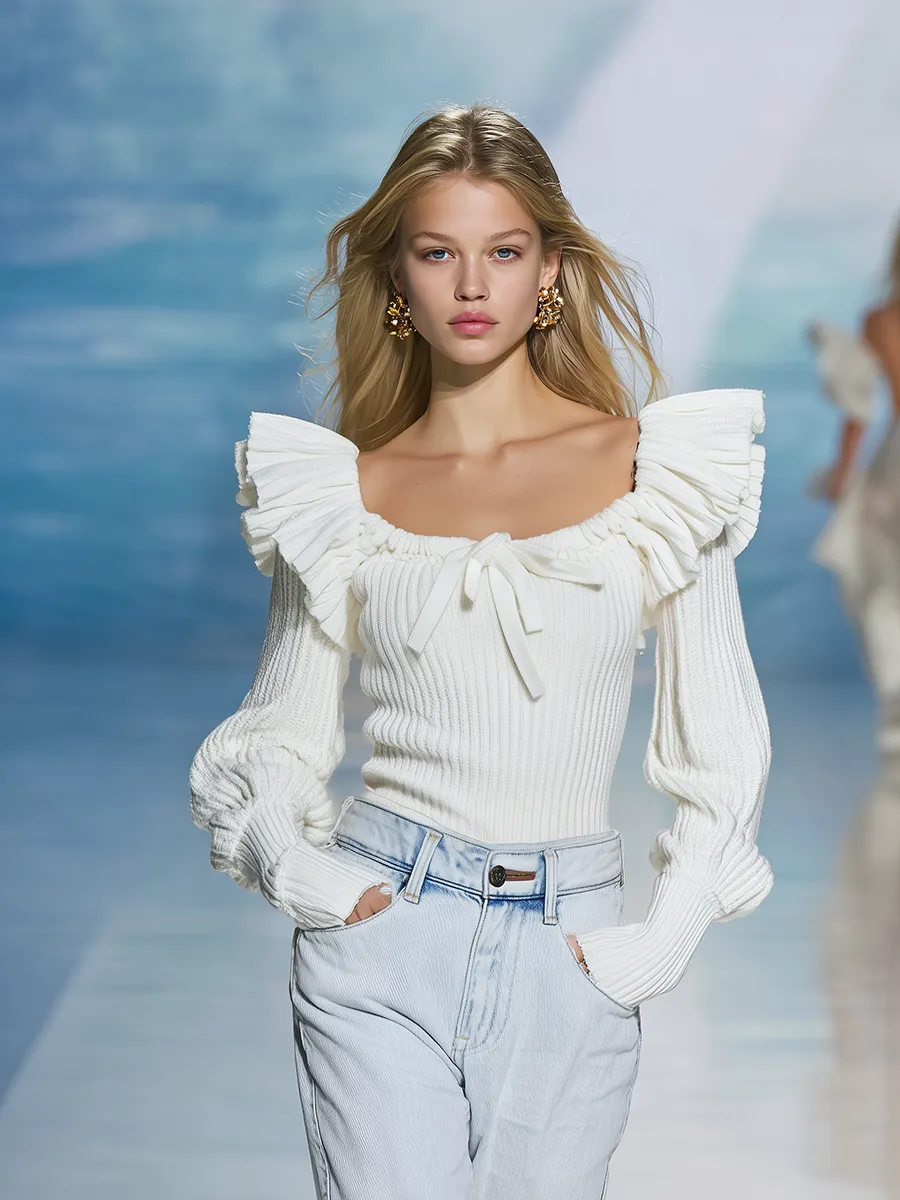 Fashionable Ruffles Square Neck Long-sleeved Sweater sold by Oyrosy product image thumbnail 2