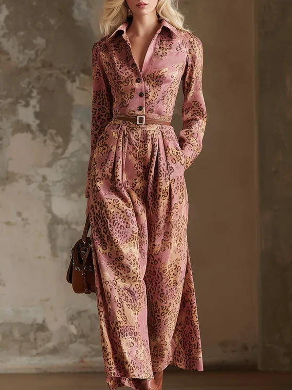 Retro-chic Leopard Print Pink Faux Suede Collar Maxi Dress sold by Oyrosy
