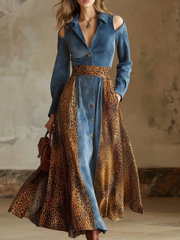 Retro Western Blue Patchwork Leopard Print Faux Suede Maxi Dress sold by Oyrosy