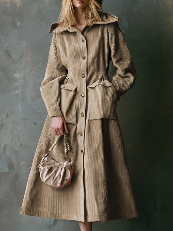 Retro Khaki Hooded Front Button A-line Maxi Dress sold by Oyrosy