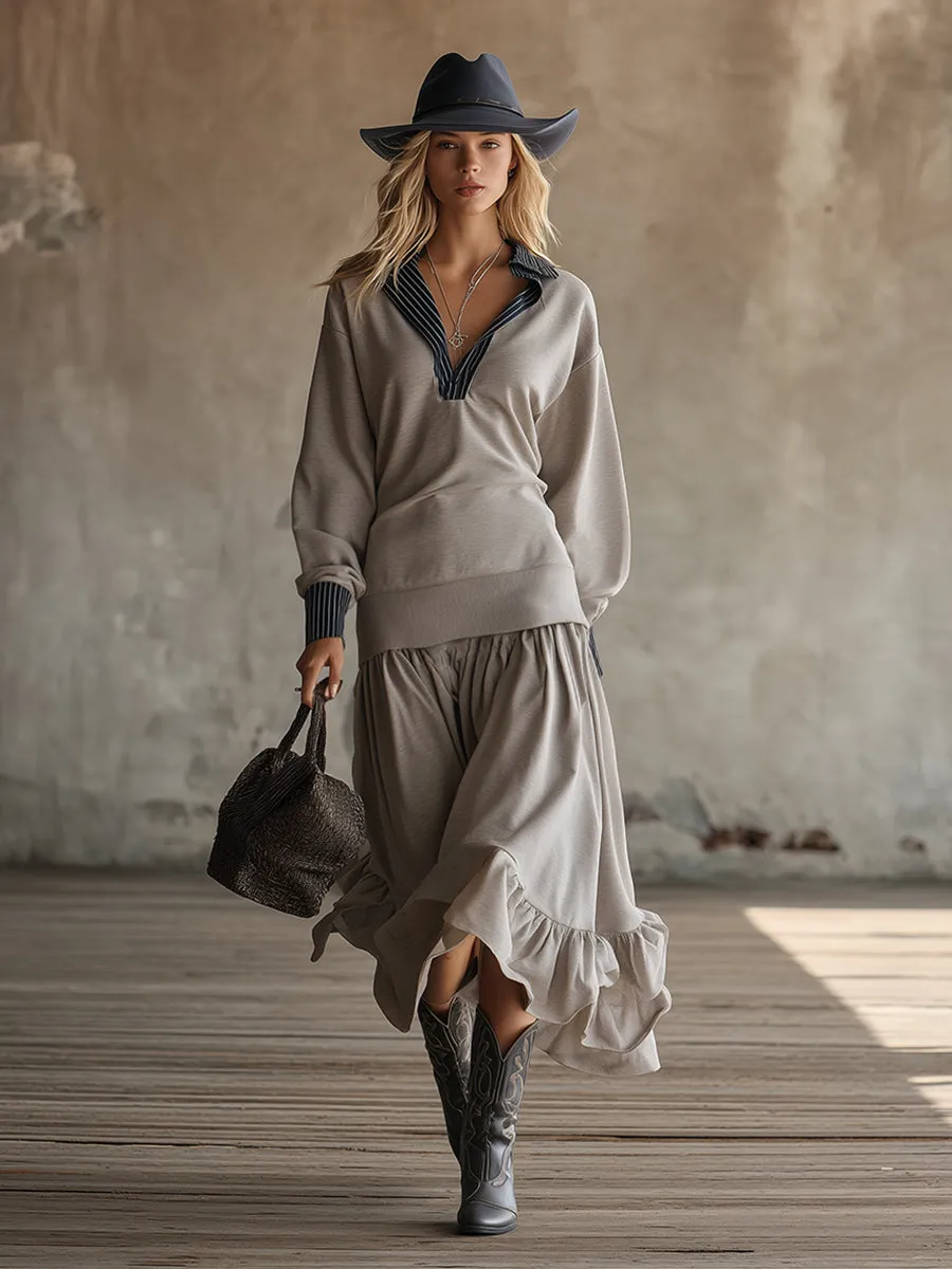 Retro Sporty Color-blocked Gray Sweatshirt Maxi Dress sold by Oyrosy product image thumbnail 2