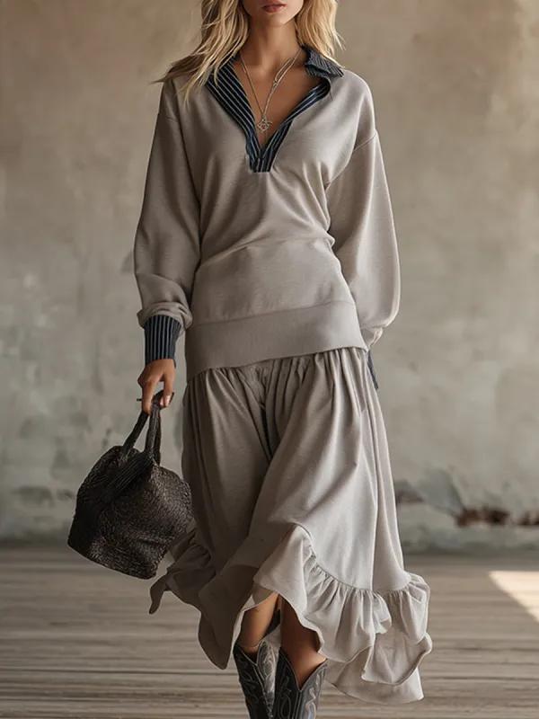 Retro Sporty Color-blocked Gray Sweatshirt Maxi Dress sold by Oyrosy