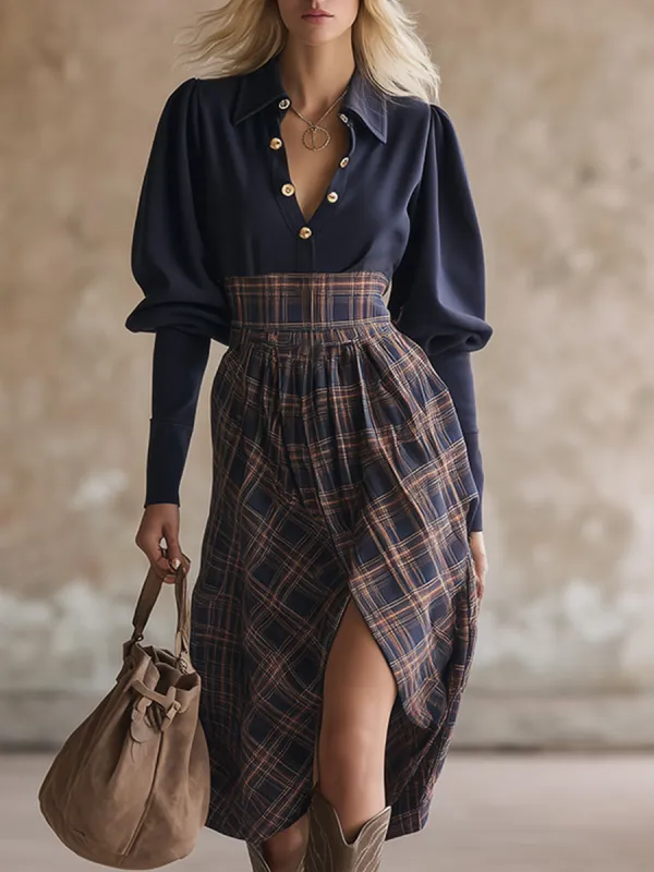 Casual Retro Sporty Navy Blue Sweatshirt Patchwork Plaid Mid-length Dress sold by Oyrosy