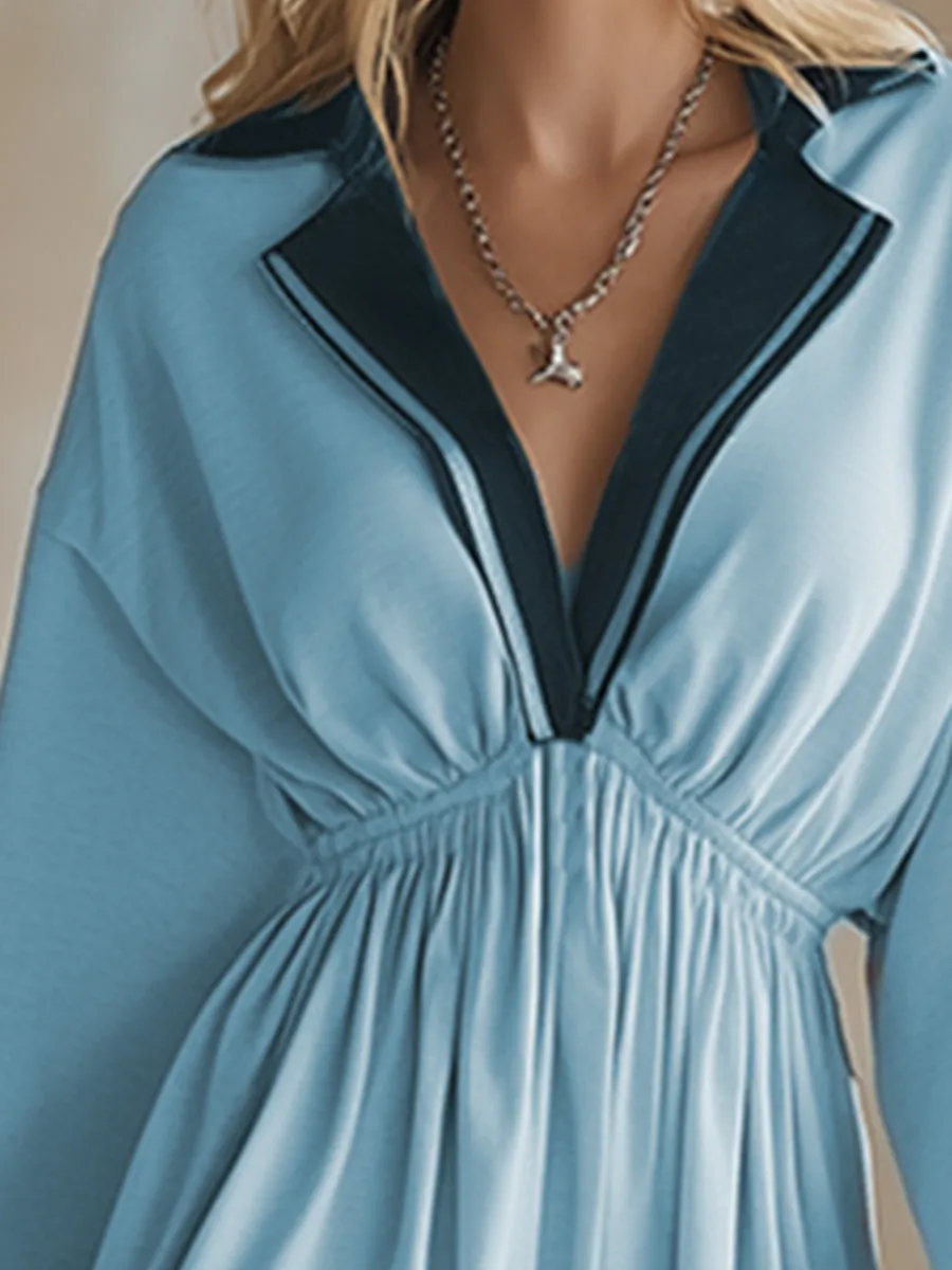 Trendy Sporty Color-blocked Collared Sky Blue Loose Sweatshirt Mini Dress sold by Oyrosy product image thumbnail 3