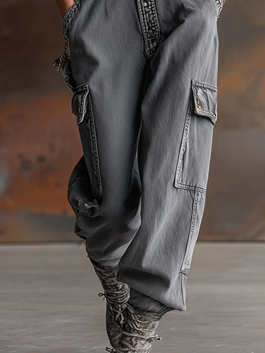 Stylish And Casual Front-zip Hooded Grey Denim Loose-fitting Pocket Jumpsuit sold by Oyrosy product image thumbnail 4