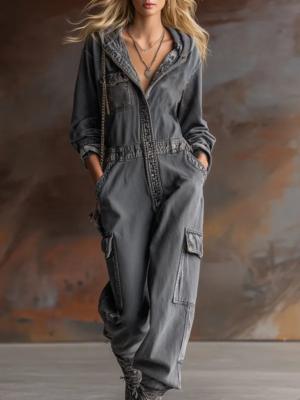 Stylish And Casual Front-zip Hooded Grey Denim Loose-fitting Pocket Jumpsuit sold by Oyrosy