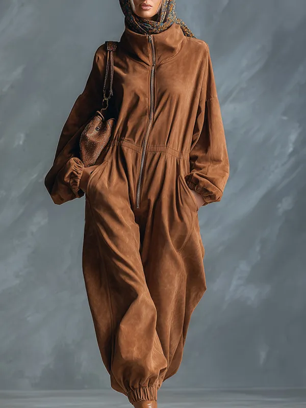 Retro Urban Stand-up Collar Front Zipper Brown Faux Suede Silhouette Jumpsuit sold by Oyrosy