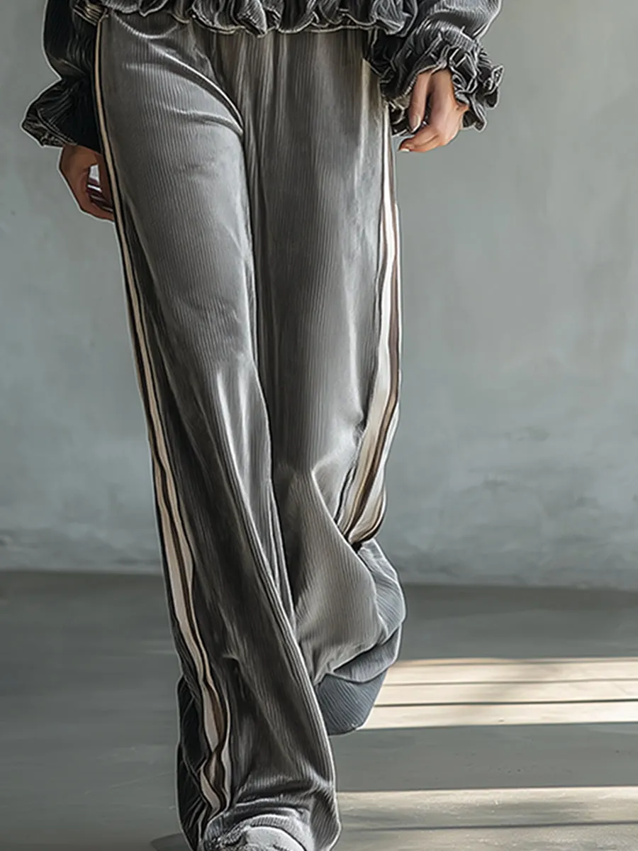Casual Retro Sporty Silver-Gray Velvet Ruffled Sweatshirt And Wide-Leg Pants Set sold by Oyrosy product image thumbnail 4