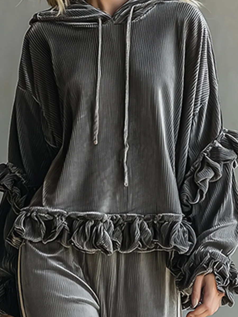 Casual Retro Sporty Silver-Gray Velvet Ruffled Sweatshirt And Wide-Leg Pants Set sold by Oyrosy product image thumbnail 3