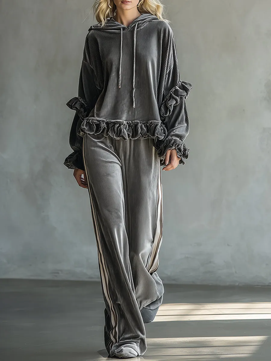 Casual Retro Sporty Silver-Gray Velvet Ruffled Sweatshirt And Wide-Leg Pants Set sold by Oyrosy