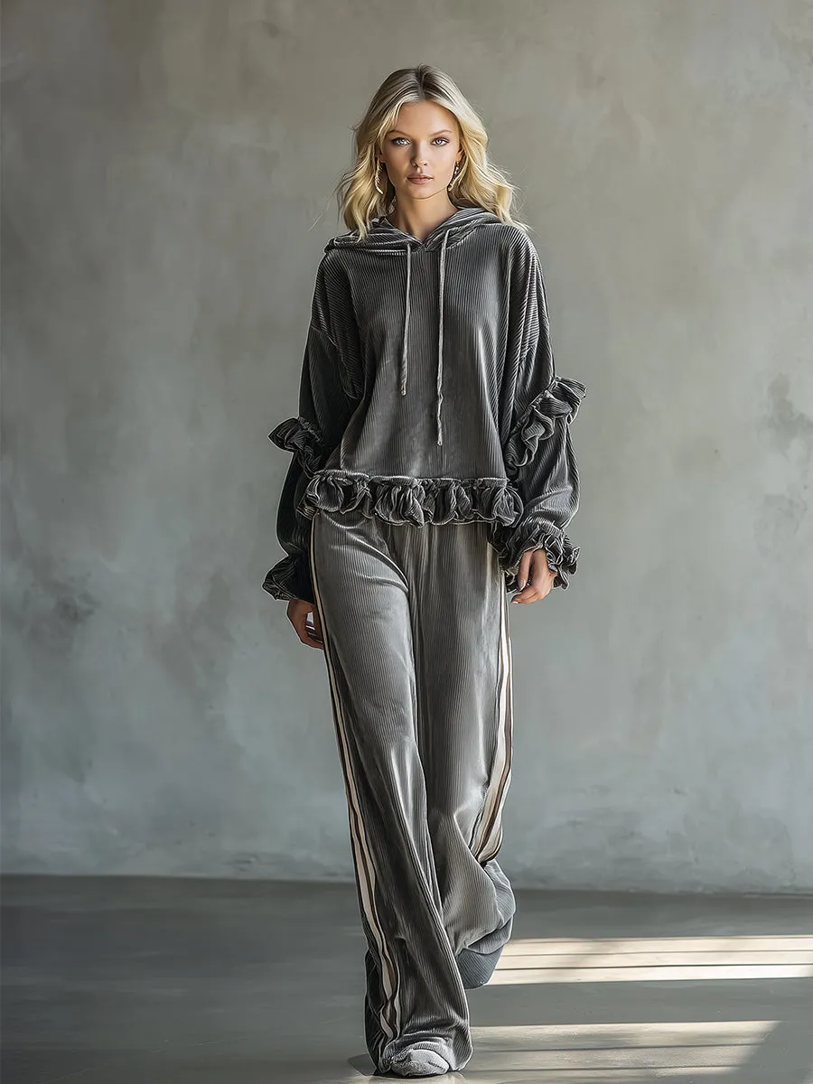 Casual Retro Sporty Silver-Gray Velvet Ruffled Sweatshirt And Wide-Leg Pants Set sold by Oyrosy product image thumbnail 2
