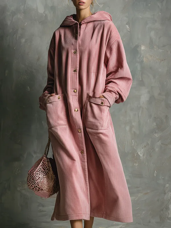 Retro Urban Pink Front Button Hooded Corduroy Loose Maxi Dress sold by Oyrosy