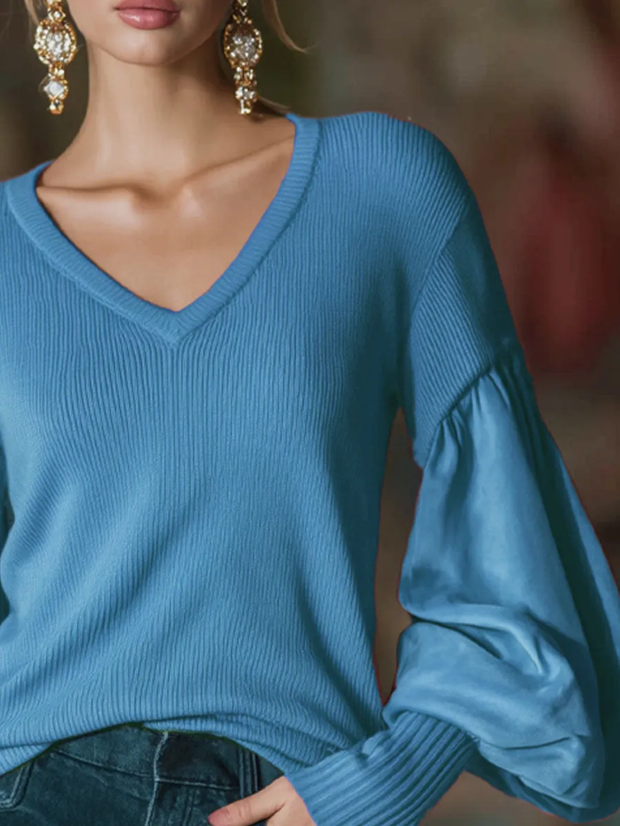 V-neck Long-sleeved Puff-sleeved Pullover Sweater sold by Oyrosy product image thumbnail 3
