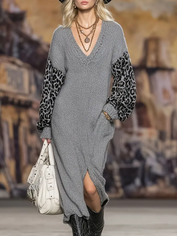 Loose-fitting V-neck Leopard Print Long-sleeved Split Knit Maxi Dress sold by Oyrosy