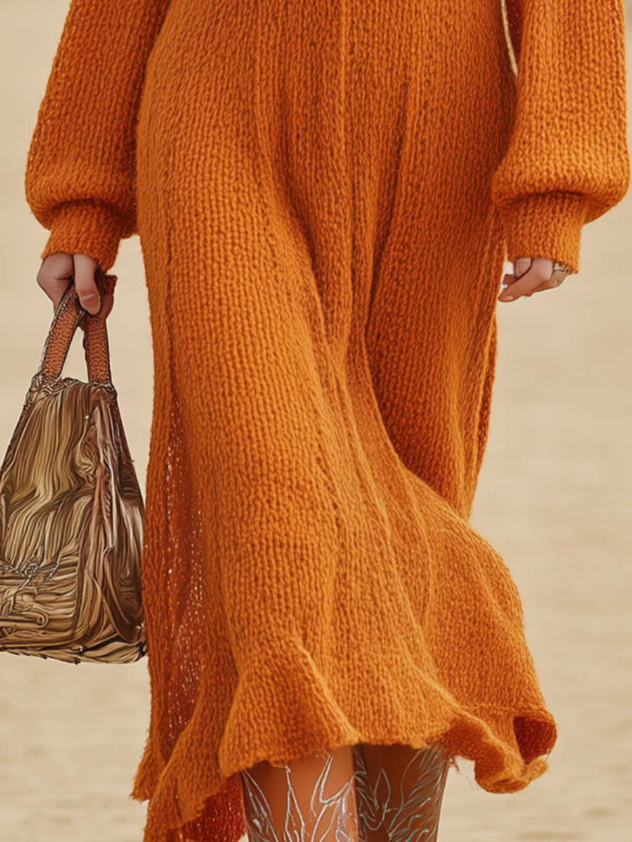 Western Orange Knit Unique Design Neckline With Rhinestone Chain Midi Dress sold by Oyrosy product image thumbnail 4