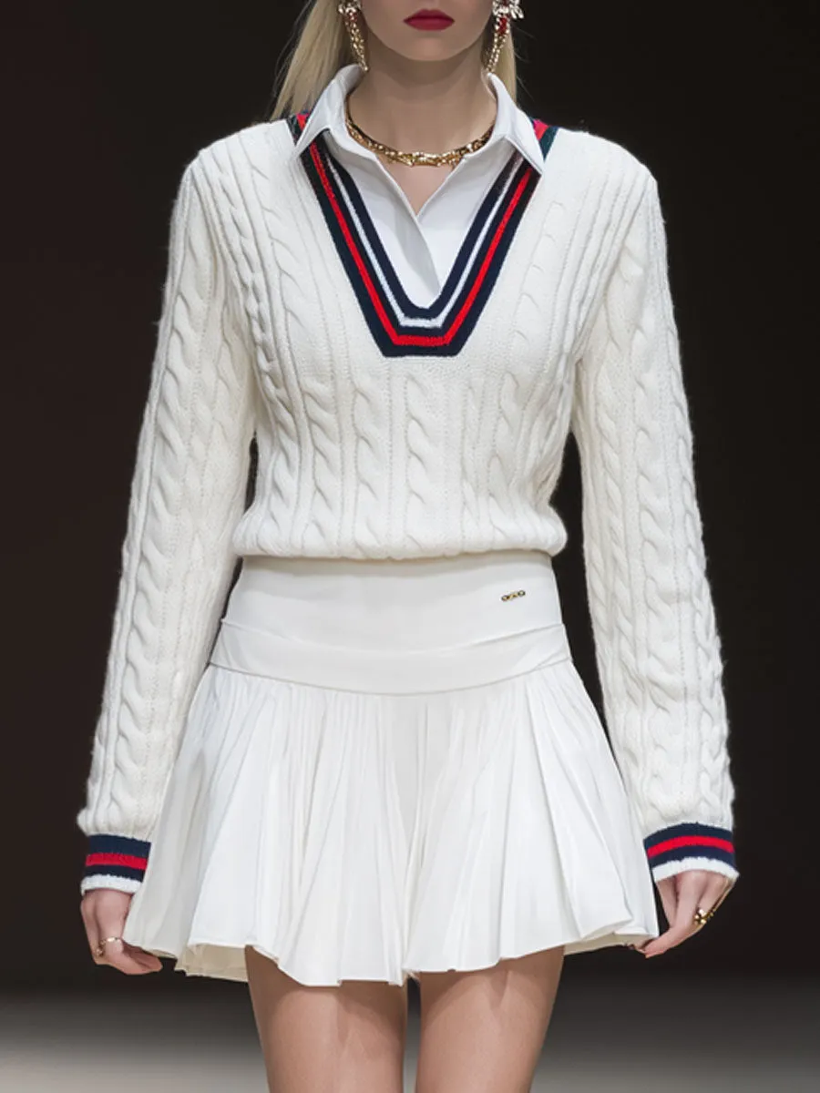 Sporty Retro Striped White Cable Knit Sweater And Pleated Skirt Set sold by Oyrosy