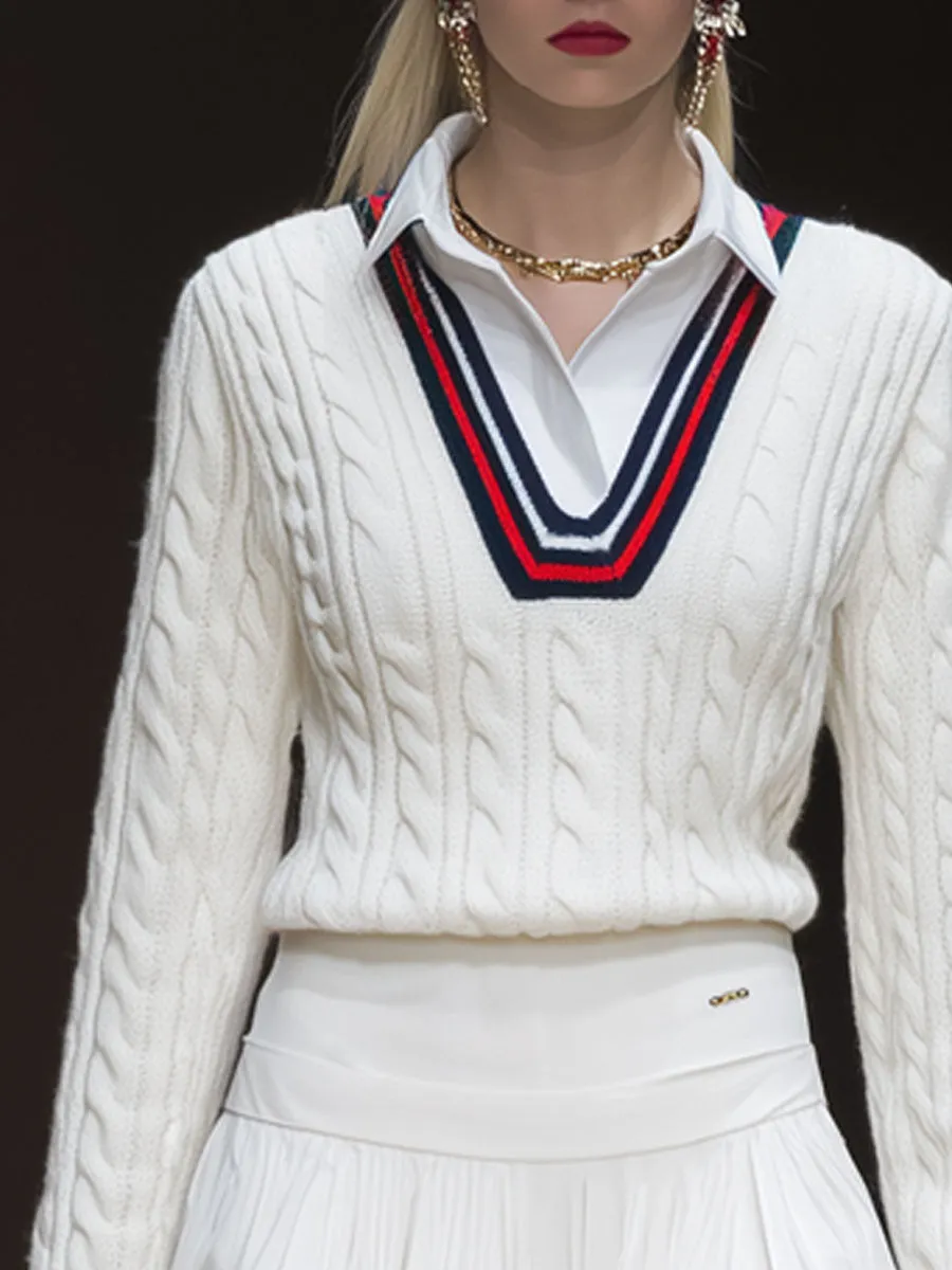 Sporty Retro Striped White Cable Knit Sweater And Pleated Skirt Set sold by Oyrosy product image thumbnail 3