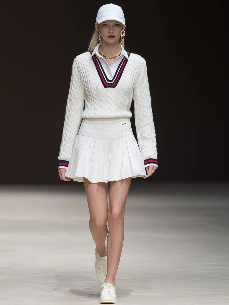 Sporty Retro Striped White Cable Knit Sweater And Pleated Skirt Set sold by Oyrosy product image thumbnail 2