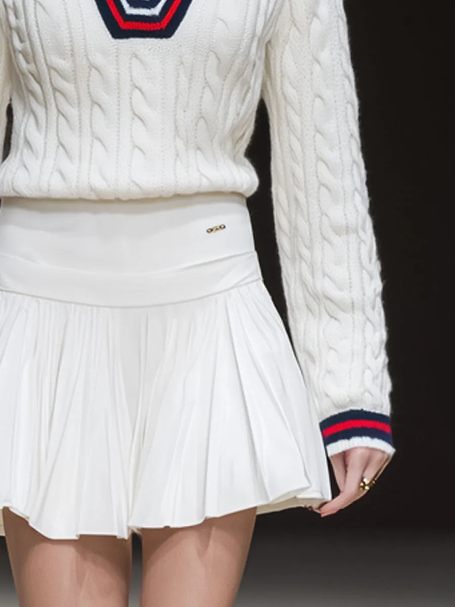 Sporty Retro Striped White Cable Knit Sweater And Pleated Skirt Set sold by Oyrosy product image thumbnail 4