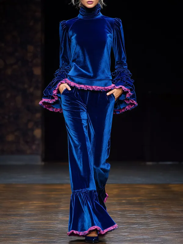 Fashionable Retro Ruffled Long-sleeved Turtleneck Velvet Top And Flared Pants Set sold by Oyrosy