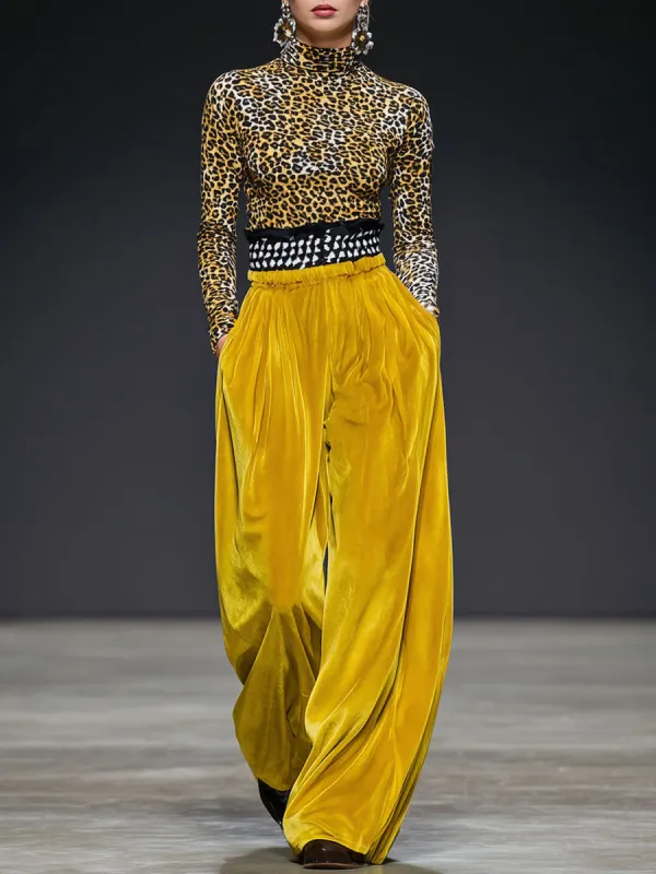 Fashionable Retro Long-sleeved Turtleneck Leopard Print Velvet Top And Wide-leg Pants Set sold by Oyrosy