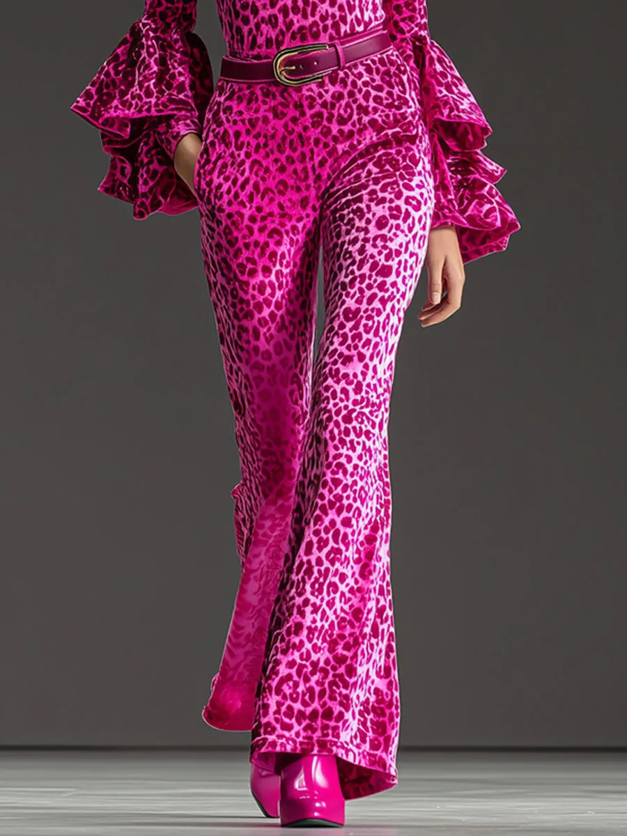 Retro Pink Leopard Print Long-sleeved Ruffled Top And Flared Pants Set sold by Oyrosy product image thumbnail 4
