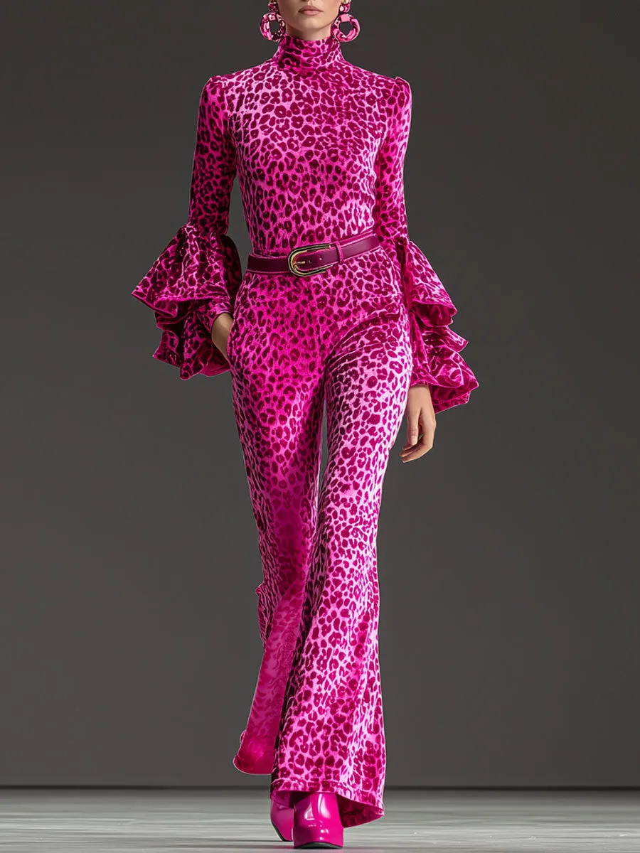 Retro Pink Leopard Print Long-sleeved Ruffled Top And Flared Pants Set sold by Oyrosy