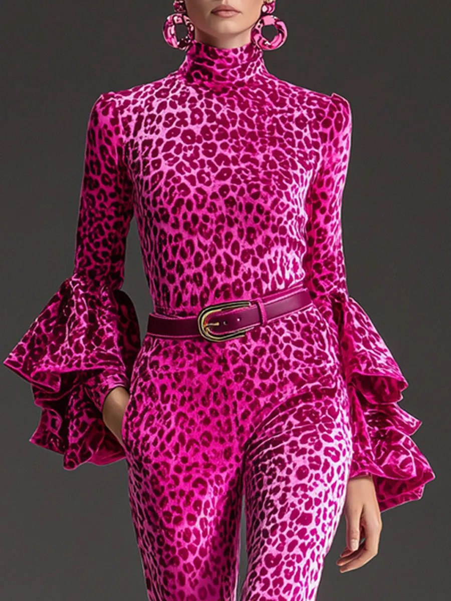Retro Pink Leopard Print Long-sleeved Ruffled Top And Flared Pants Set sold by Oyrosy product image thumbnail 3