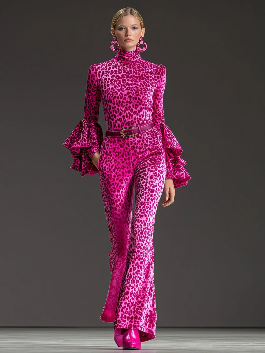 Retro Pink Leopard Print Long-sleeved Ruffled Top And Flared Pants Set sold by Oyrosy product image thumbnail 2