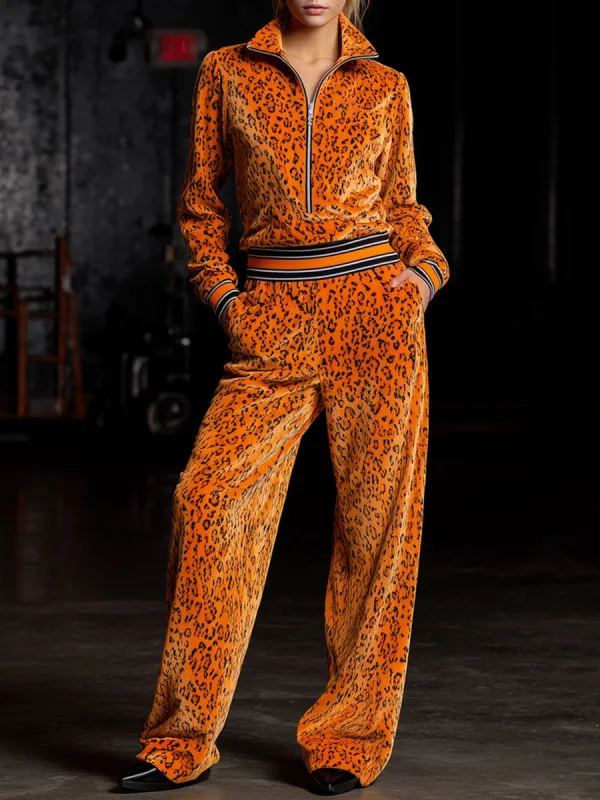 Sporty Retro Orange Leopard Print Velvet Zipper Sweatshirt And Wide-Leg Pants Set sold by Oyrosy