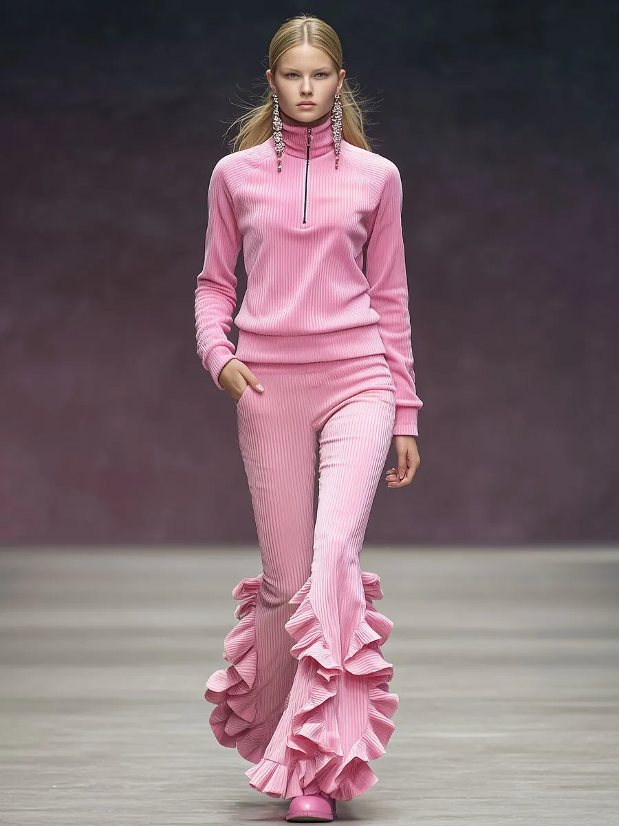 Sporty Retro Pink Corduroy Zip-Up Sweatshirt And Ruffled Flared Pants Set sold by Oyrosy product image thumbnail 2