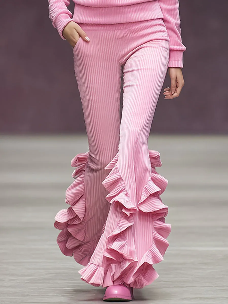 Sporty Retro Pink Corduroy Zip-Up Sweatshirt And Ruffled Flared Pants Set sold by Oyrosy product image thumbnail 4