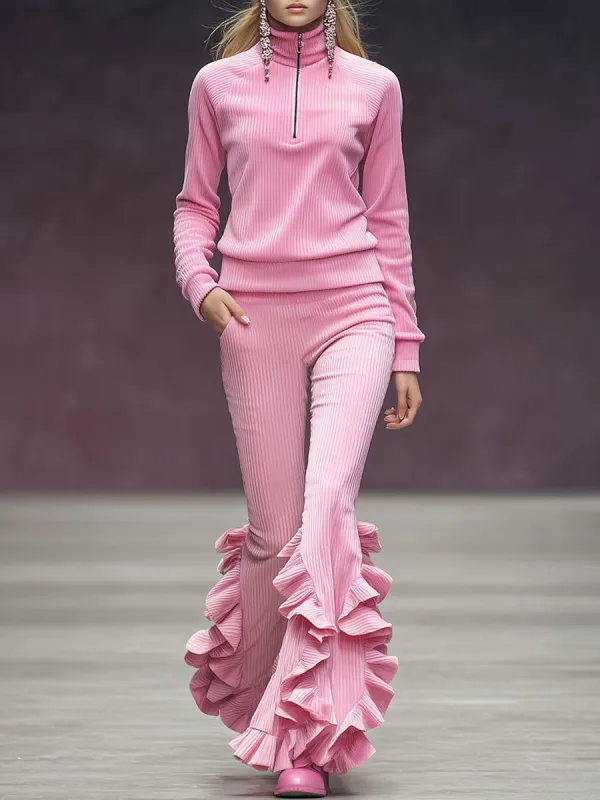 Sporty Retro Pink Corduroy Zip-Up Sweatshirt And Ruffled Flared Pants Set sold by Oyrosy
