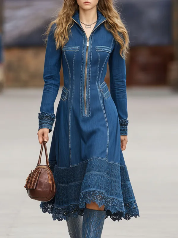 Fashionable Retro Lace Half-zip Long-sleeved Blue Denim Midi Dress sold by Oyrosy