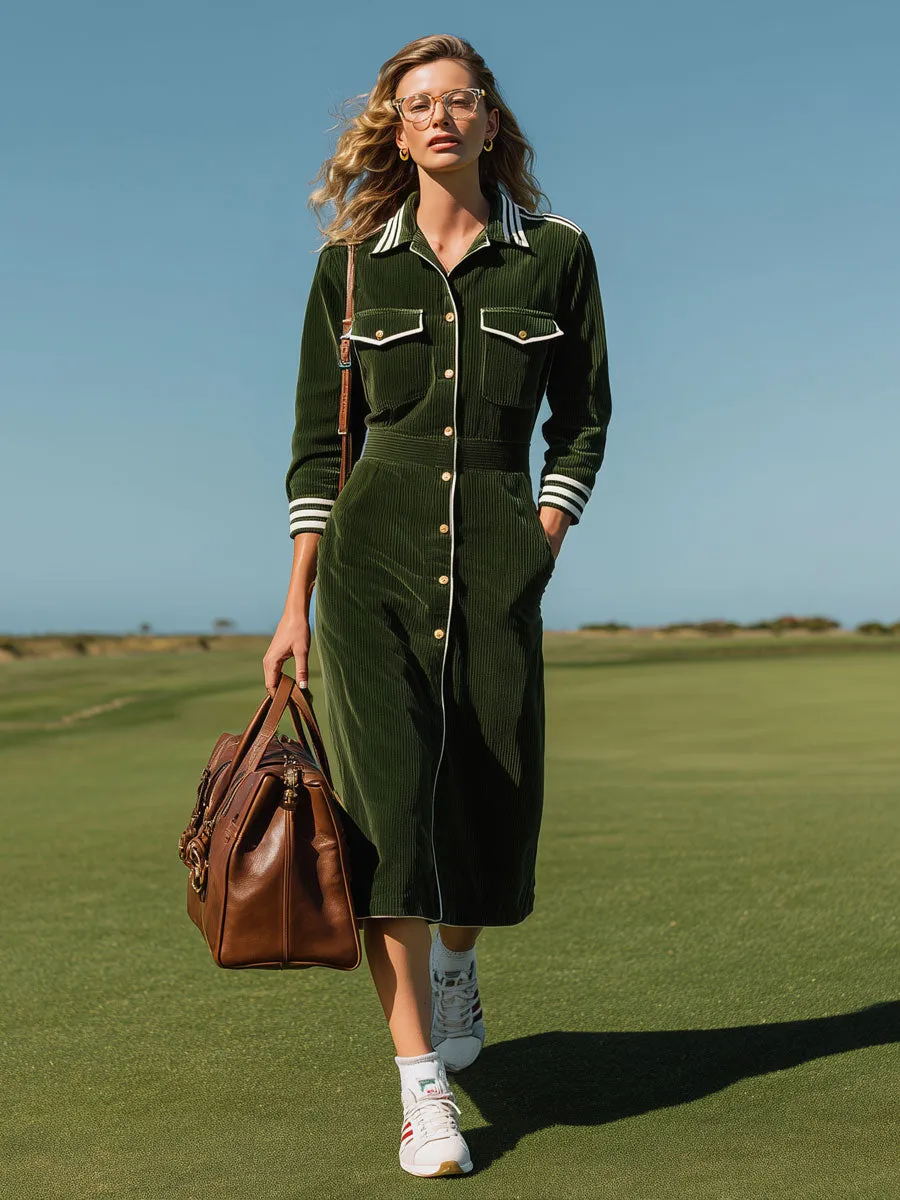 Sporty Retro Striped Dark Green Corduroy Long-sleeved Cardigan Midi Dress sold by Oyrosy product image thumbnail 2