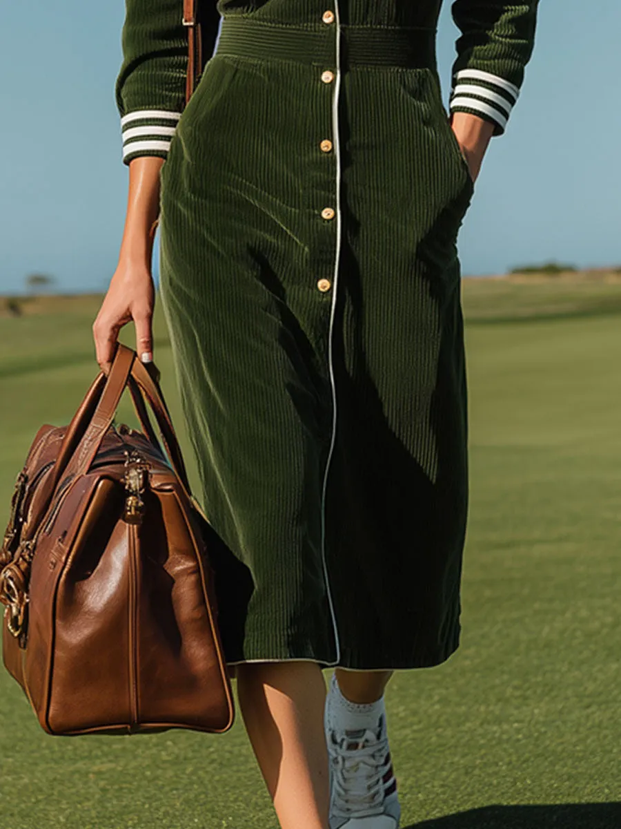 Sporty Retro Striped Dark Green Corduroy Long-sleeved Cardigan Midi Dress sold by Oyrosy product image thumbnail 4