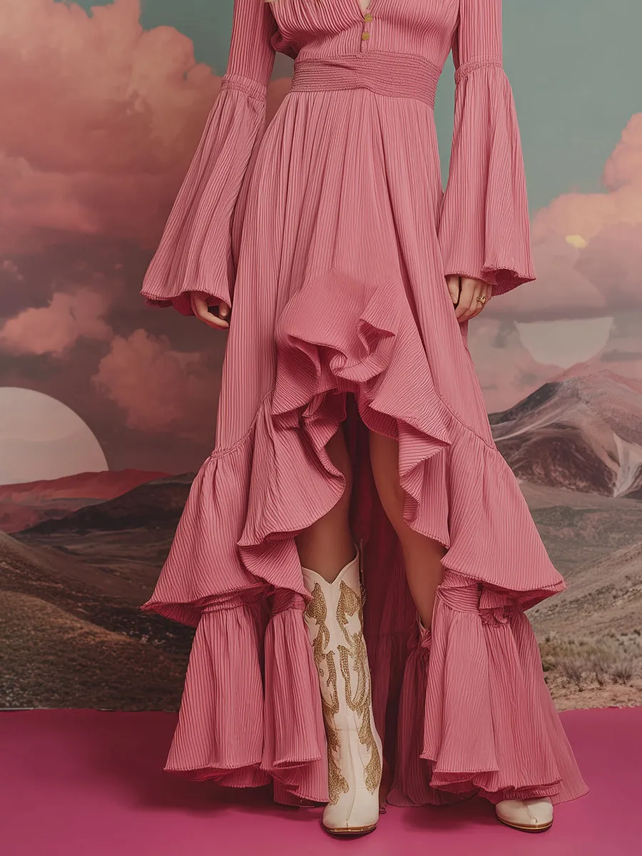 High-fashion V-neck Irregular Ruffle Hem And Flared Sleeves Pink Maxi Dress sold by Oyrosy product image thumbnail 2