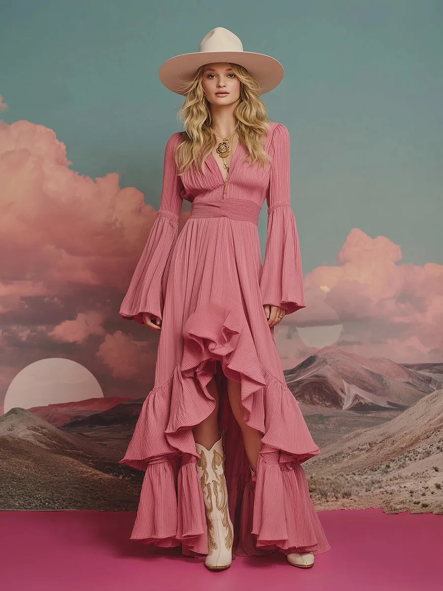 High-fashion V-neck Irregular Ruffle Hem And Flared Sleeves Pink Maxi Dress sold by Oyrosy product image thumbnail 3